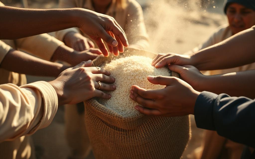 Rice sacks and volunteer hands