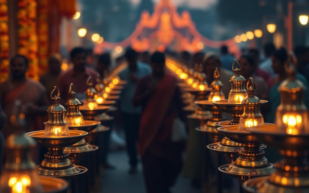 Temple lamps, jasmine, silhouettes